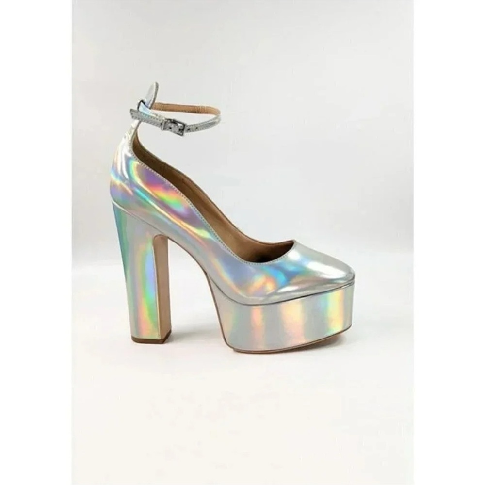 NEW Schutz Renee Hologram Silver Ankle Strap Platform Pump